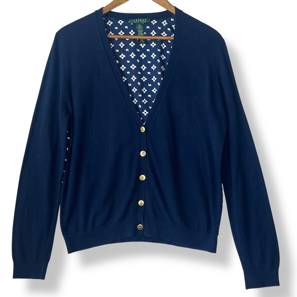 Lauren Ralph Lauren Navy Blue Cardigan‎ XL Gold Logo Button Mixed Media Geo Back